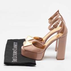 Pre Owned Valentino Beige Patent Leather One Stud Platform Ankle Strap Sandals Size 36