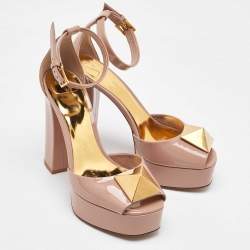 Pre Owned Valentino Beige Patent Leather One Stud Platform Ankle Strap Sandals Size 36