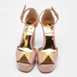 Pre Owned Valentino Beige Patent Leather One Stud Platform Ankle Strap Sandals Size 36