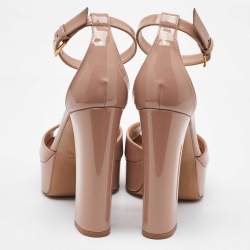 Pre Owned Valentino Beige Patent Leather One Stud Platform Ankle Strap Sandals Size 36