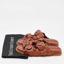 Pre Owned Valentino Brown Leather Atelier 03 Rose Edition Flat Slide Sandals Size 37