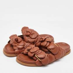 Pre Owned Valentino Brown Leather Atelier 03 Rose Edition Flat Slide Sandals Size 37