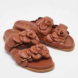 Pre Owned Valentino Brown Leather Atelier 03 Rose Edition Flat Slide Sandals Size 37