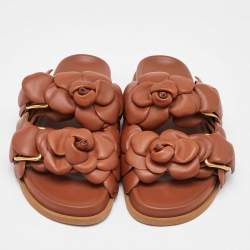 Pre Owned Valentino Brown Leather Atelier 03 Rose Edition Flat Slide Sandals Size 37