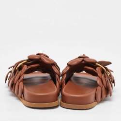 Pre Owned Valentino Brown Leather Atelier 03 Rose Edition Flat Slide Sandals Size 37