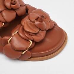 Pre Owned Valentino Brown Leather Atelier 03 Rose Edition Flat Slide Sandals Size 37