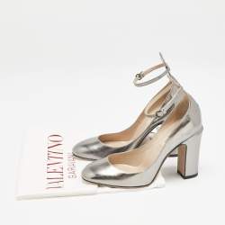 Valentino Grey Leather Tango Ankle Strap Block Heel Pumps Size 35.5