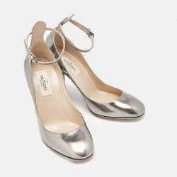 Valentino Grey Leather Tango Ankle Strap Block Heel Pumps Size 35.5