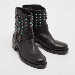 Valentino Black Leather Rockstud Biker Boots Size 37.5