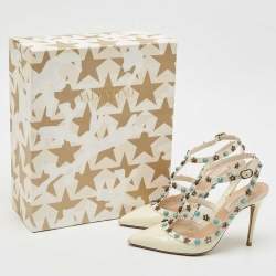 Pre Owned Valentino White Patent and Leather Rockstud Ankle Strap Pumps Size 37