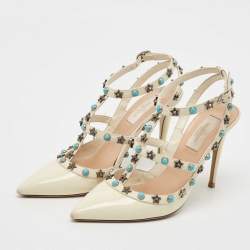 Pre Owned Valentino White Patent and Leather Rockstud Ankle Strap Pumps Size 37