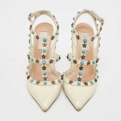 Pre Owned Valentino White Patent and Leather Rockstud Ankle Strap Pumps Size 37