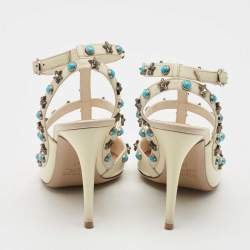 Pre Owned Valentino White Patent and Leather Rockstud Ankle Strap Pumps Size 37