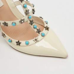 Pre Owned Valentino White Patent and Leather Rockstud Ankle Strap Pumps Size 37