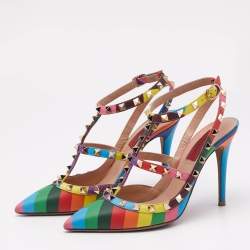 Valentino Multicolor Leather Striped Rockstud Ankle Strap Pumps Size 37