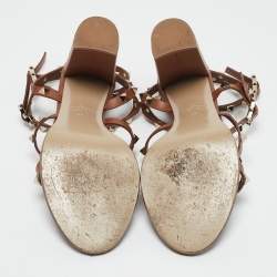 Pre Owned Valentino Brown Leather Rockstud Ankle Strap Sandals Size 38