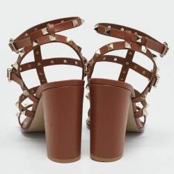Pre Owned Valentino Brown Leather Rockstud Ankle Strap Sandals Size 38