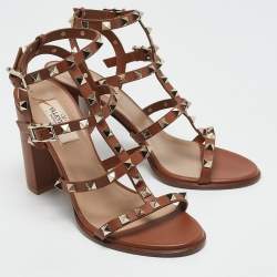 Pre Owned Valentino Brown Leather Rockstud Ankle Strap Sandals Size 38