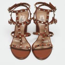 Pre Owned Valentino Brown Leather Rockstud Ankle Strap Sandals Size 38