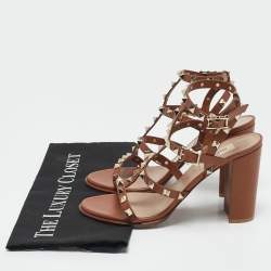 Pre Owned Valentino Brown Leather Rockstud Ankle Strap Sandals Size 38
