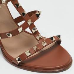 Pre Owned Valentino Brown Leather Rockstud Ankle Strap Sandals Size 38