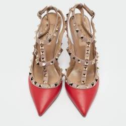 Valentino Red/Beige Leather Rockstud Caged Pumps Size 36.5
