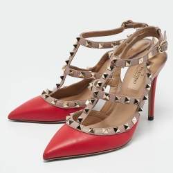 Valentino Red/Beige Leather Rockstud Caged Pumps Size 36.5