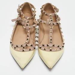Pre Owned Valentino Yellow Patent Leather Rockstud Caged Ballet Flats Size 40.5
