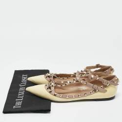 Pre Owned Valentino Yellow Patent Leather Rockstud Caged Ballet Flats Size 40.5
