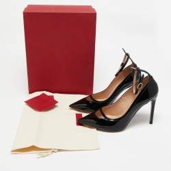 Pre Owned Valentino Black Patent Leather Ankle Strap Pumps Size 37.5