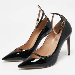 Pre Owned Valentino Black Patent Leather Ankle Strap Pumps Size 37.5