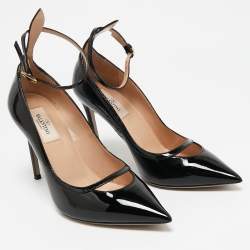 Pre Owned Valentino Black Patent Leather Ankle Strap Pumps Size 37.5