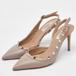 Pre Owned Valentino Dusty Pink Leather Rockstud Slingback Pointed Toe Pumps Size 39.5