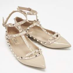 Pre Owned Valentino Beige Patent Leather Rockstud Caged Ballet Flats Size 38