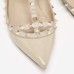 Pre Owned Valentino Beige Patent Leather Rockstud Caged Ballet Flats Size 38