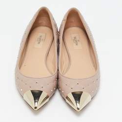 Pre Owned Valentino Beige Leather Rockstud Cap Toe Ballet Flats Size 39