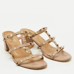 Valentino Dusty Pink Leather Rockstud Block Heel Slide Sandals Size 39