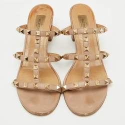 Valentino Dusty Pink Leather Rockstud Block Heel Slide Sandals Size 39