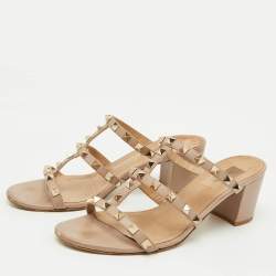 Valentino Dusty Pink Leather Rockstud Block Heel Slide Sandals Size 39
