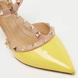 Valentino Yellow/Beige Patent Leather Rockstud Ankle Strap Pumps Size 39