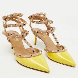 Valentino Yellow/Beige Patent Leather Rockstud Ankle Strap Pumps Size 39