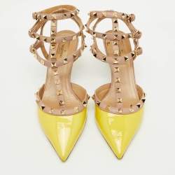 Valentino Yellow/Beige Patent Leather Rockstud Ankle Strap Pumps Size 39