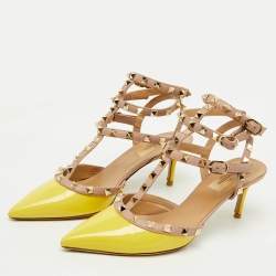 Valentino Yellow/Beige Patent Leather Rockstud Ankle Strap Pumps Size 39