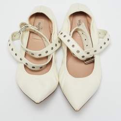 Pre Owned Valentino Off white Leather Love Latch Ankle Wrap Ballet Flats Size 38.5