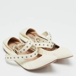 Pre Owned Valentino Off white Leather Love Latch Ankle Wrap Ballet Flats Size 38.5