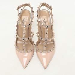 Pre Owned Valentino Beige Leather Rockstud Ankle Strap Pumps Size 38