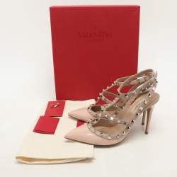 Pre Owned Valentino Beige Leather Rockstud Ankle Strap Pumps Size 38