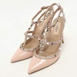 Pre Owned Valentino Beige Leather Rockstud Ankle Strap Pumps Size 38