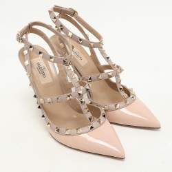 Pre Owned Valentino Beige Leather Rockstud Ankle Strap Pumps Size 38