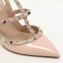 Pre Owned Valentino Beige Leather Rockstud Ankle Strap Pumps Size 38